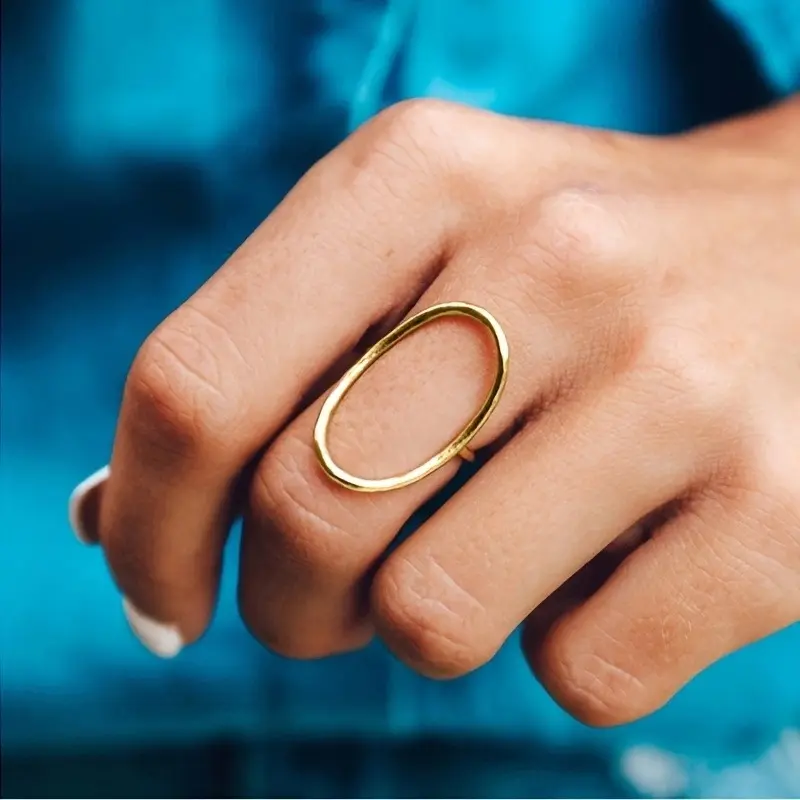 Women's Geometric Oval Ring, Minimalist Modern Style Copper Jewelry, Stackable & Skin-Friendly, Nickel-Free Band