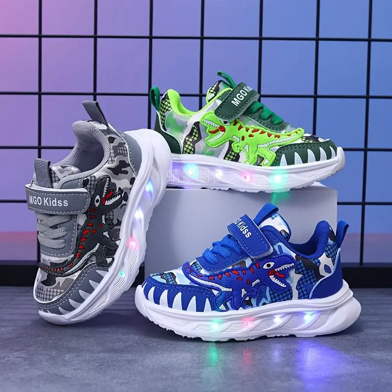 Boys' Dinosaur Trainers with Glowing LED Lights, Camouflage & Solid Patterns, Artificial Leather & EVA Sole, Velcro, Pu, Pu Leather, Synthetic