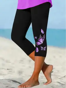 Women's Summer Seven-Quarter Pants, Floral Butterfly Print Tight-Fitting Bottoms, Stylish Casual Wear for Daily Leggings