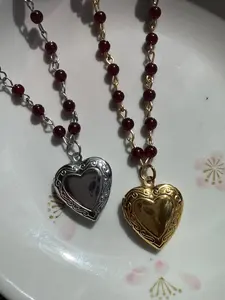 Garnet Beaded Locket Necklace