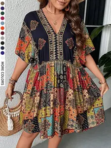 Plus Size Ethnic Pattern V Neck Batwing Dress for Curvy Women, Boho Stylish Loose-Fit Dress for Summer, Perfect for Parties and Holiday, Casual Wear, Bohemian