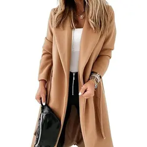 Tankaneo Womens Classic Coat Lapel Collar Open Front Belted Long Jacket