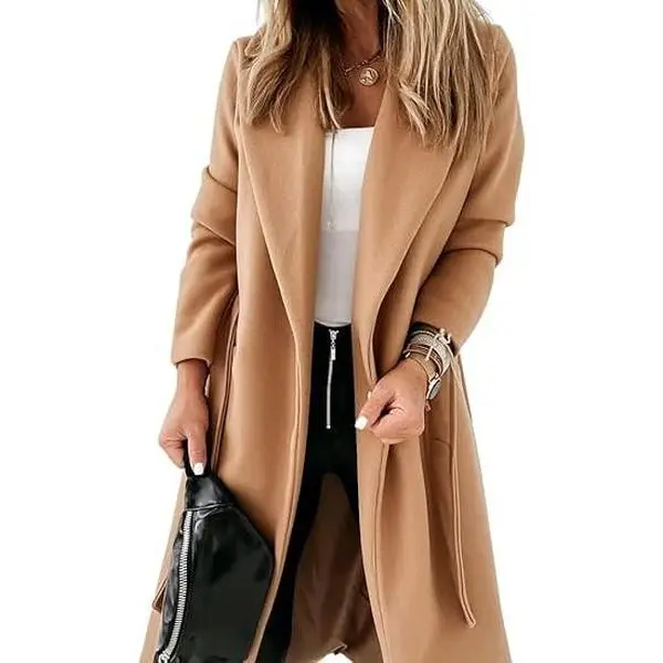 Tankaneo Womens Classic Coat Lapel Collar Open Front Belted Long Jacket