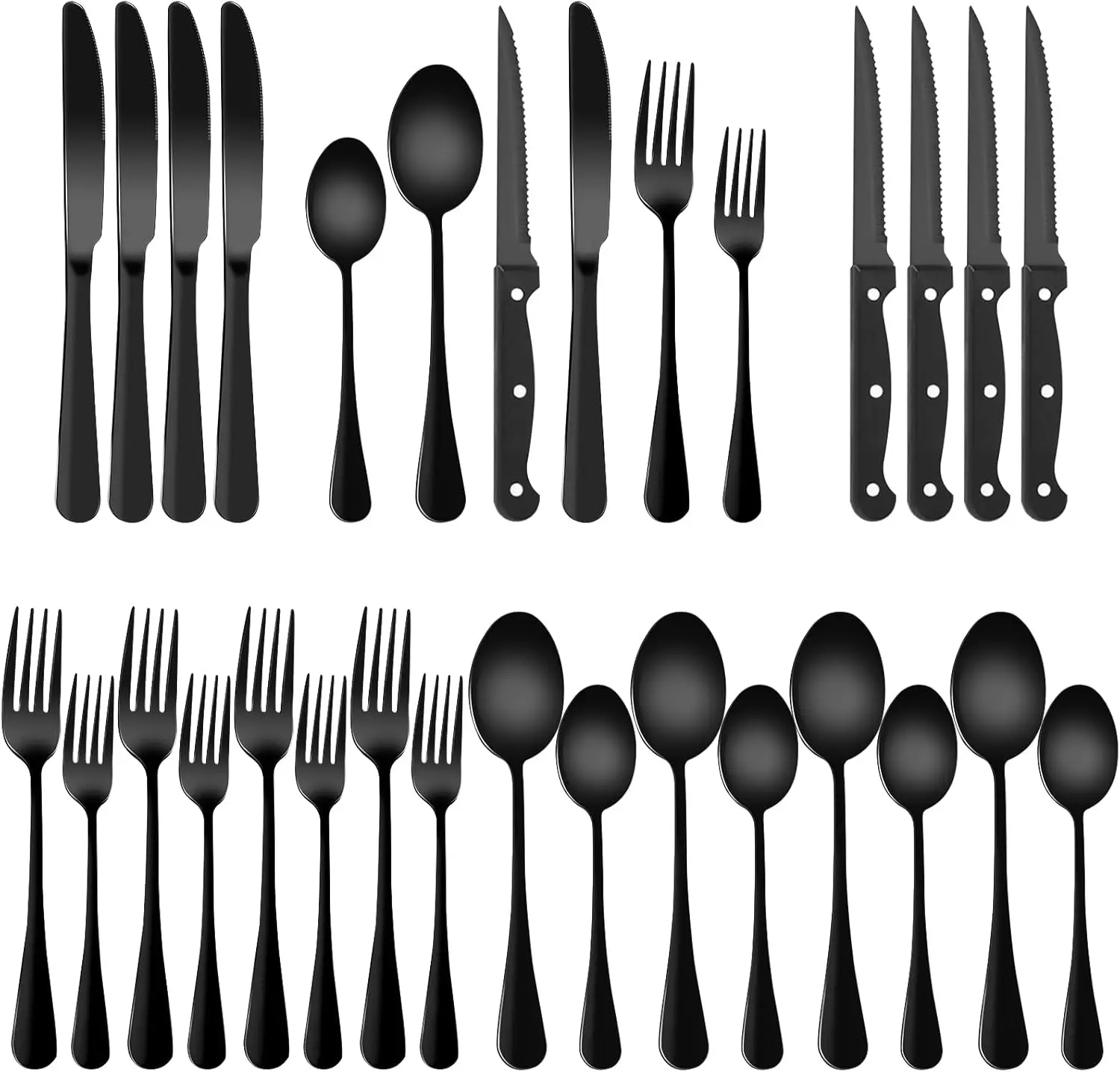 24-Piece Matte Black Stainless Steel Silverware Set, Durable Cutlery Kit with Elegant Curved Utensils, Dinnerware Sets for Home & Restaurant Use, Ideal Christmas Gift for Family Gatherings, Utensils Included
