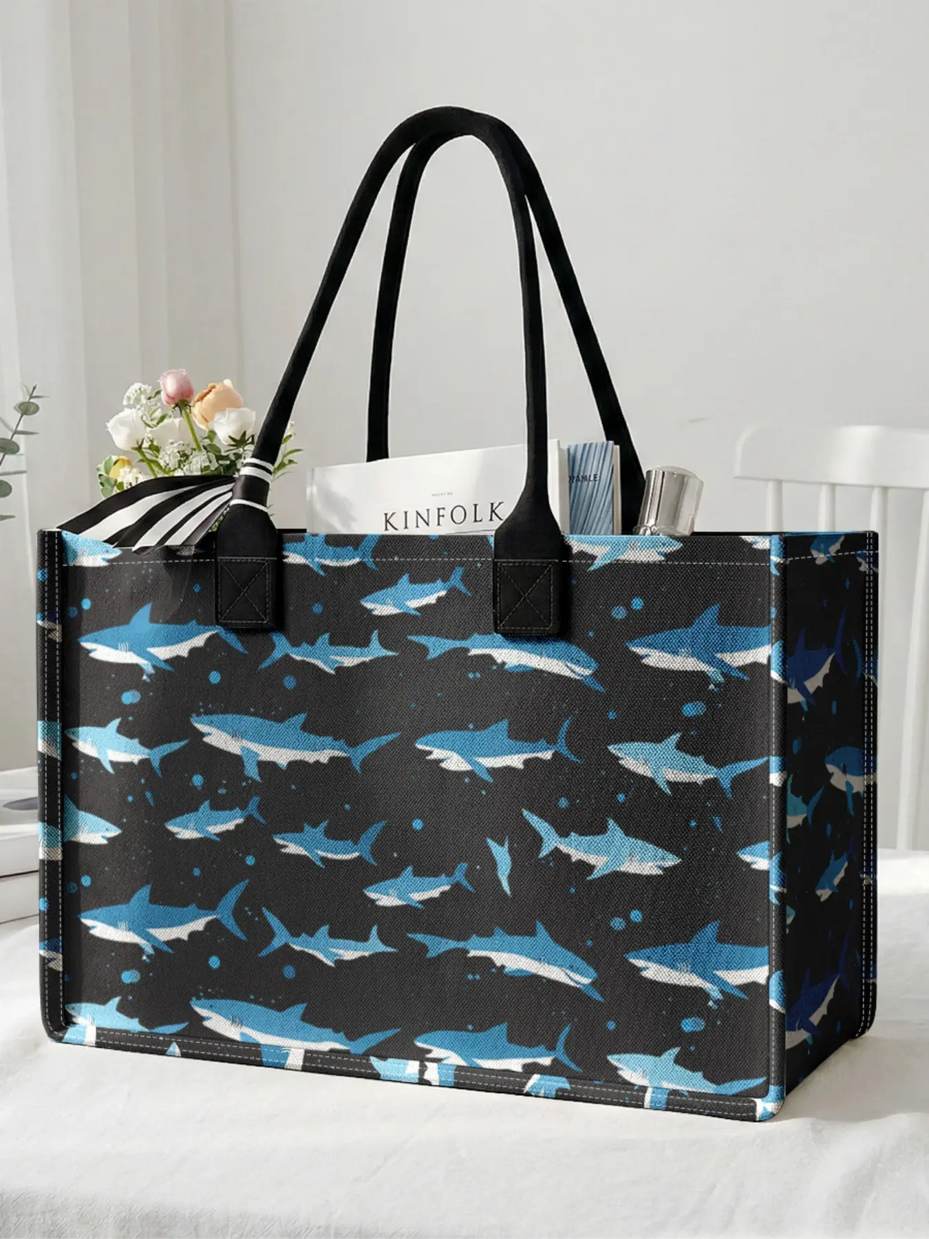 1 piece of shark pattern 2D printed large capacity storage bag, extra large storage bag, sturdy handle, space-saving multi-purpose, suitable for going to school, traveling, shopping Durable Shopping Totes