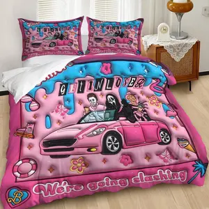 2/3pcs Barbie Stylehorror Killer Parody Theme Duvet Cover Set, Bedroom Bedding Set, Barbie Pink Sweet Graffiti Convertible Cars Bedding Set, 1 or 2 Pillowcases No Padding/Zipper Closure, Bed Sets