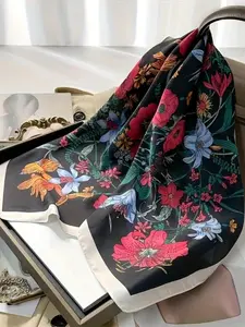 1pc Luxurious Floral Scarf, Premium Silk Polyester Blend, 27.5 Inch Square, Lightweight Breathable, Perfect Boho Headscarf Accessory