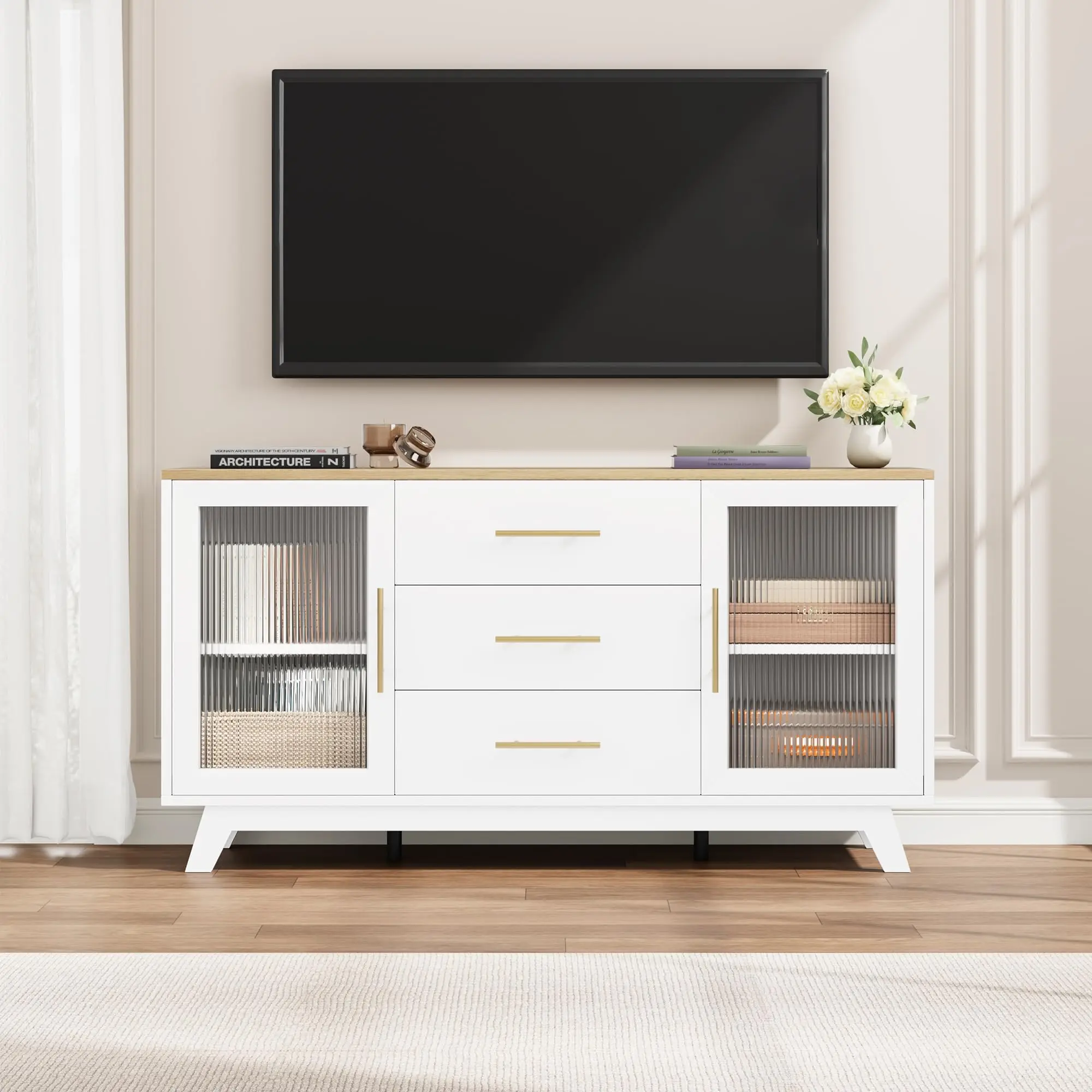 GAOMON 56" Buffet Cabinet with Storage, Contemporary Sideboard with Adjustable Shelves & Fluted Glass Doors – Woodgrain Coffee Bar Cabinet for Kitchen & Dining Room