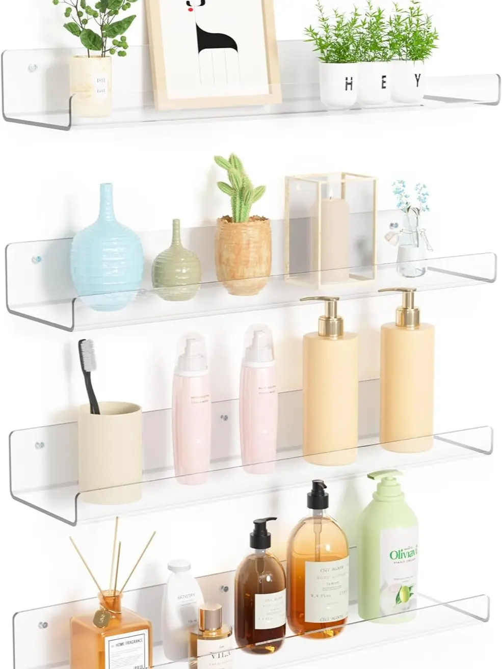 4 Pack Acrylic Shelves for Wall Storage, 15" Floating Bookshelves for Kids, Display Shelf Organizer for Bathroom, Bedroom, Living Room, Kitchen, Room Decor, Clear