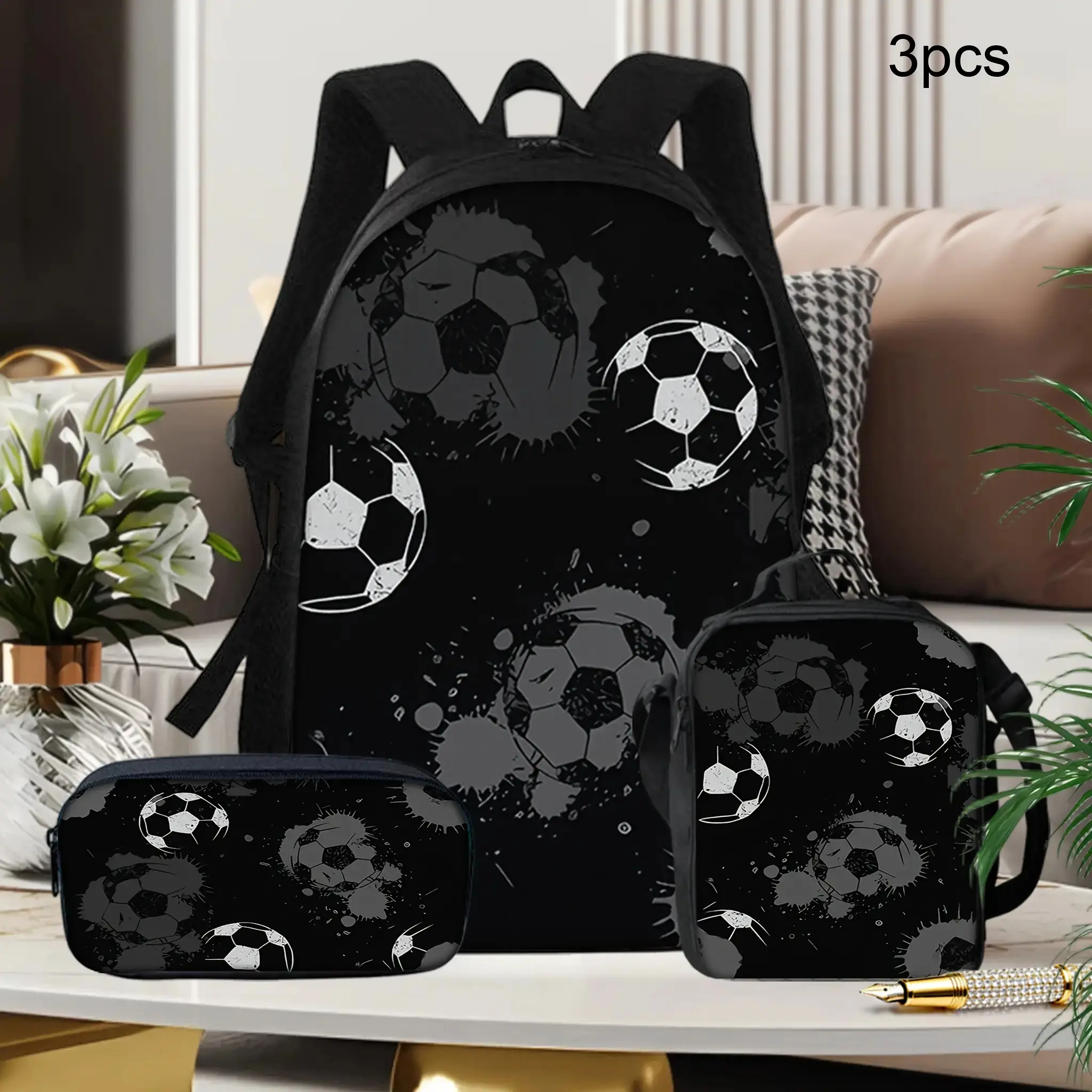 3-Piece Monochrome Soccer Backpack Set with Lunch Box & Pencil Case, School Bookbag for Boys & Girls, Teenage Boy Gifts, Backpacks For School, School Backpack Storage bag