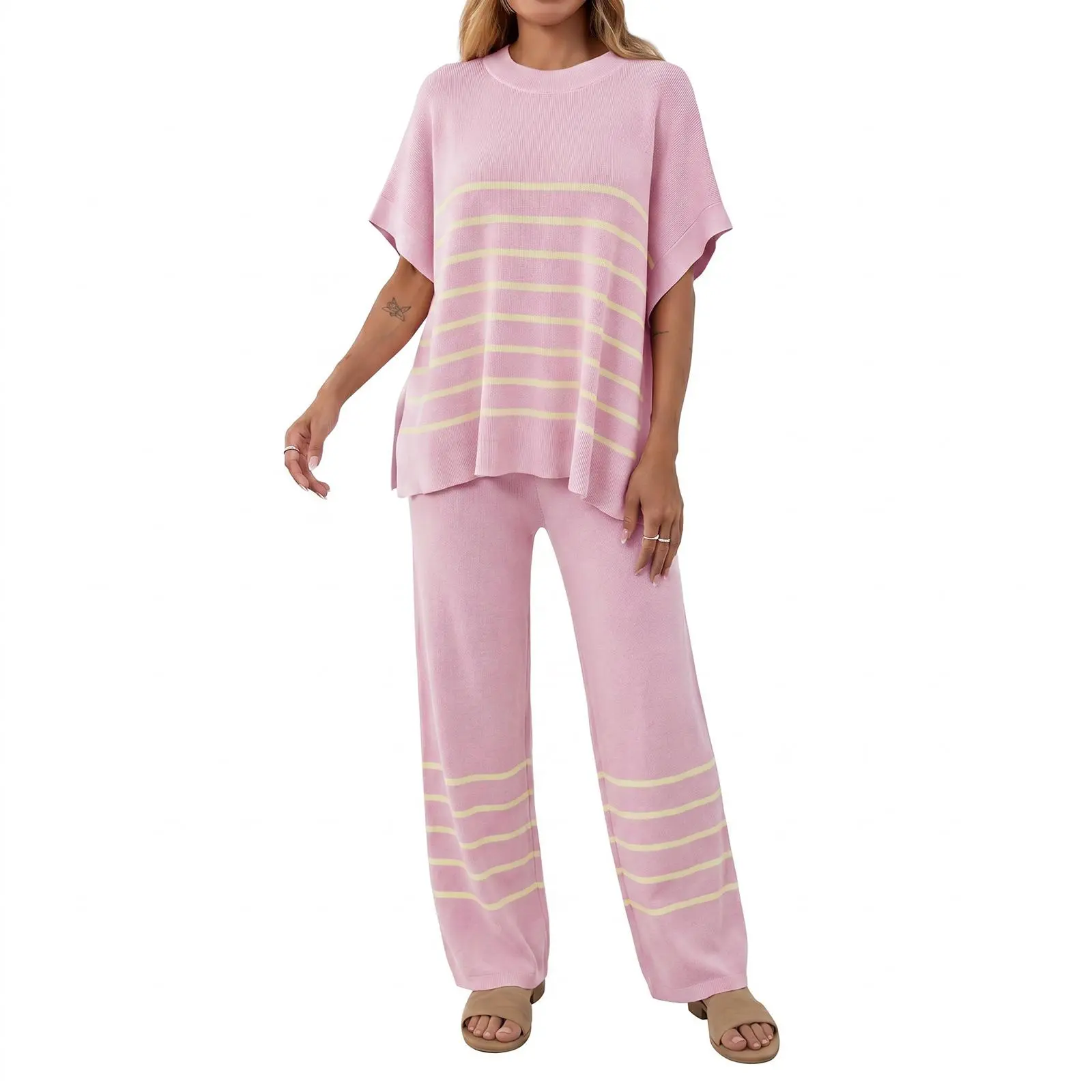 Imily Bela Women's Striped 2 Piece Outfits Oversized Batwing Short Sleeve Tops High Waisted Long Pant Summer Knit Lounge Short Sets