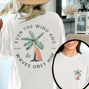 Christian Bible Verse Pattern T Shirt, Beachy Backprint Tops, Trendy Coconut Tree Shirt Unisex Tee Teen Baptism Gift Ocean Inspired Style Womenswear Printed oversized tshirt women tank summer clothes cute zip hoodies crop corset long sleeve plus size Hear