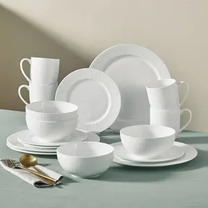 【Spring Deal】Silvanest Luxury 16pc Bone China Dinnerware Set | Elegant Radial Stripe Design | Super Lightweight & Durable | Service for 4 | Oven & Dishwasher Safe