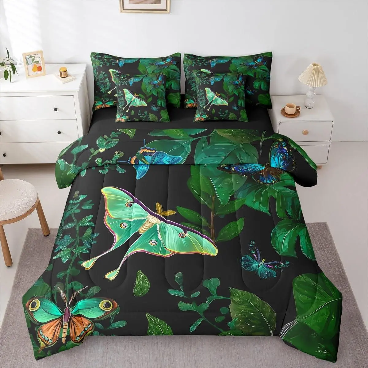 Colorful Butterfly Comforter Set,Moth Bed in A Bag 7 Pieces Palm Leaves Banana Bed Set,Hawaiian Tropical Leaves Bedding