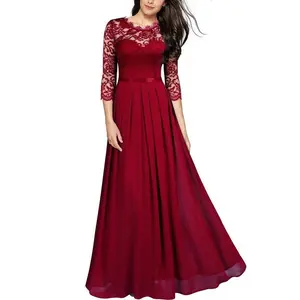 Evening dress splicing chiffon dress round neck lace long dress evening dress