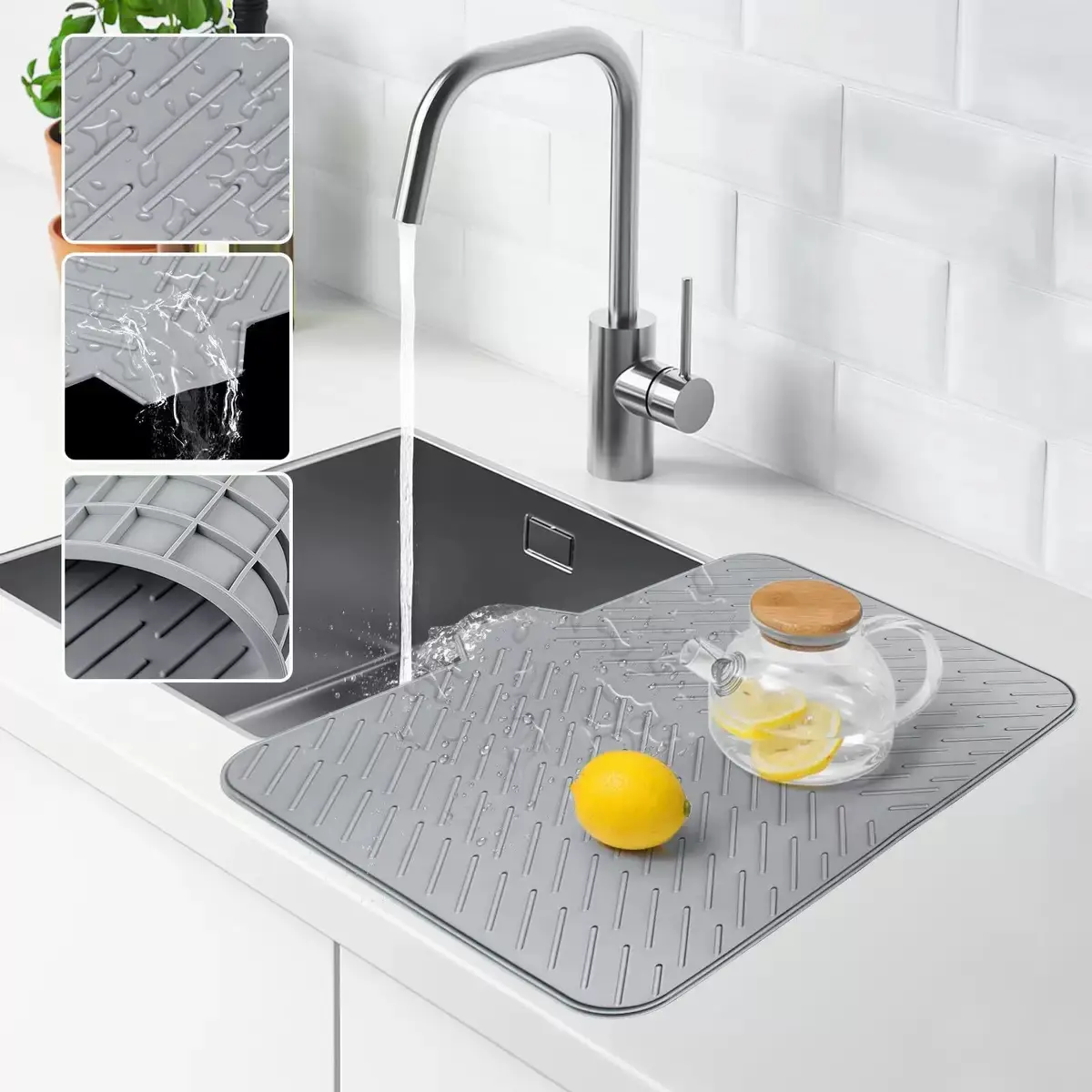 Luxet Silicone Dish Drying Mat - 23x17in Grey, Built-in Drain Lip, Touch-Free Draining Boards, Hygienic, Sturdy, Compact, Easy-to-Clean Tray for Surface Protection & Water Build-Up Prevention