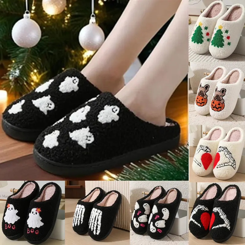 Unisex Halloween Cartoon Fuzzy Slippers, Warm Plush Indoor Non-Slip Winter House Shoes