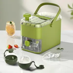 Compact Double Layer Ice Cube Tray with Lid and Bin, One-Click Demolding, Pull-Out Ice Drawer with Portable Handle, Includes 2 Large Ice Ball Molds (Green)