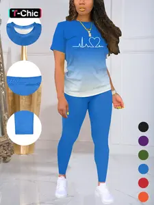 Women's Ombre Gradient Letter Print Tee & Skinny Pants Set, Casual Everyday Fitted Short Sleeve Round Neck T-Shirt & Trousers For Daily Wear, Ladies Two Piece Outfits For All Seasons Womenswear
