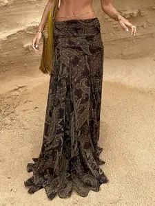 Bohemian Vintage Paisley Print Brown Maxi Skirt Women Low Rise Elastic Waist Elastic Waistband Fit Flowy Long A Line Skirt Lightweight Drapey Summer Vacation Beach Festival Versatile Maxi Skirt, Boho