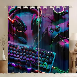 Video Games Boys Girls Window Curtain,Gaming Gamer Curtains Boys Teens Men Home Room Decor,Headset Keyboard Neon Style Window Drapes,Games Controller Black Window Treatment Curtain,2 Panels,38Wx45L