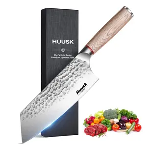 Huusk kitchen knives, 7.7-Inch Japanese Cleaver Knife Professional High Carbon Steel Butcher Knife for Vegetable Meat Cleavers with Wood Handle for Family Restaurant