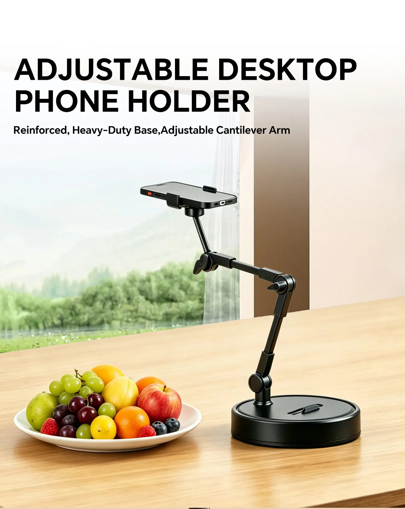 Adjustable Cantilever Desktop Phone Holder | Heavy Duty Stable Base 360 Rotation Desk Mount for Overhead Food Shooting, Live Streaming, Online Class, Nail Art Filming