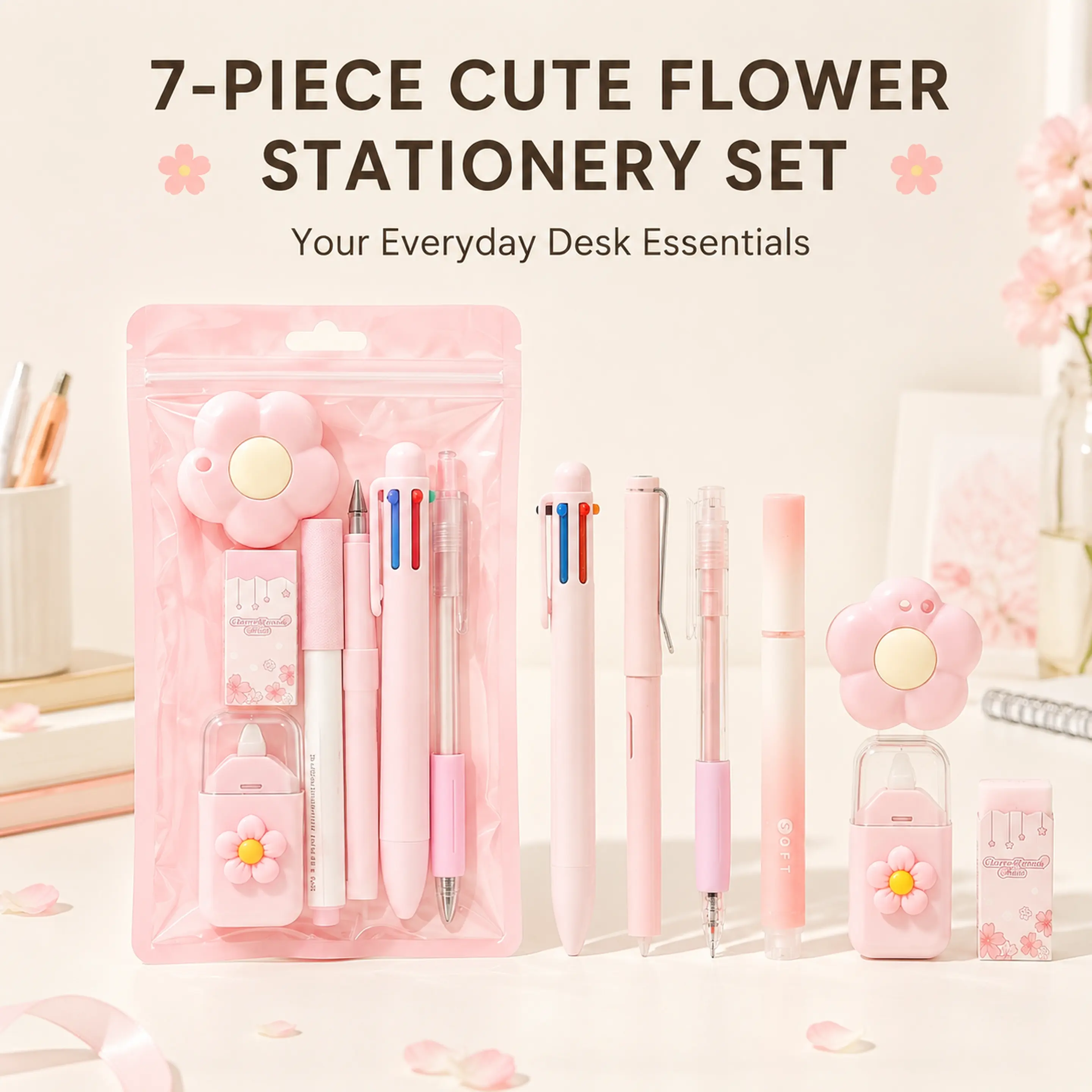 7-Piece Pastel Flower Stationery Set, Cute Aesthetic Writing Essentials Kit, Back to School Supplies Gift for Students, Homeschool Classroom & Office Study Kit, Available in 2/3 Sets, with Pens, Correction Tape, Eraser & Flower Utility Knife