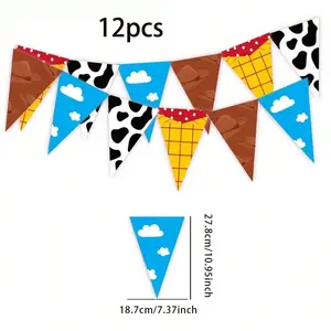 12 Piece Cartoon Story Birthday Party Decorations, Blue Sky Cloud Triangle Flags, Cowboy Print Triangles, Western Theme Hanging Banners, Party Decoration Supplies, Decorative Banner