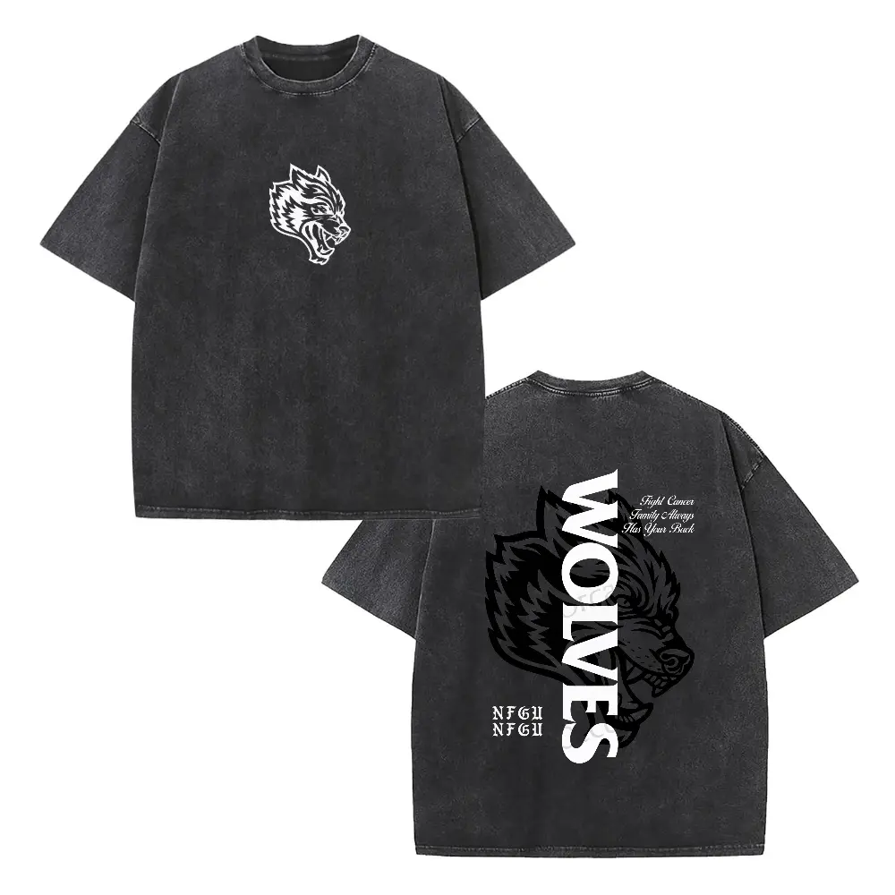 Retro Washed Wolves T-Shirt |   Double-Sided Wolf Head Graphic Tee, Vintage Black Cotton Crewneck, Casual Outdoor Streetwear, Unisex Short Sleeve Shirt for Men Women