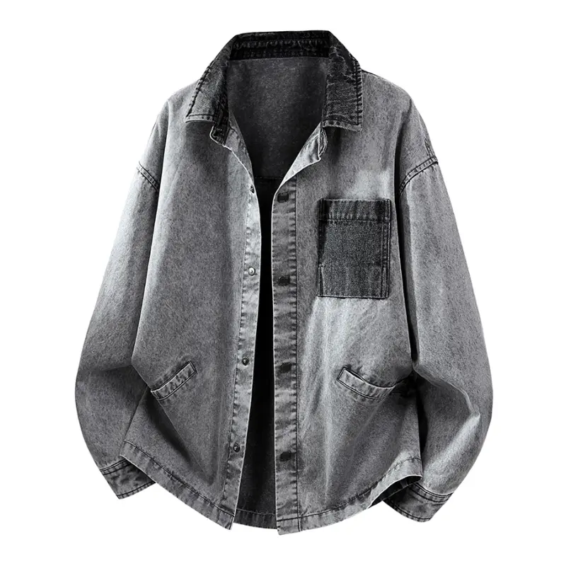 Men's Retro Vintage Washed Finish Colorblock Denim Shacket - Turn-Down Collar, Contrast Black Denim Collar, Chest Patch Pocket, Snap Button-Front, Long-Sleeve, Loose Oversized Fit, Plain Stylish Streetwear Tops for Spring, Autumn Daily Casual Outfits, Tha