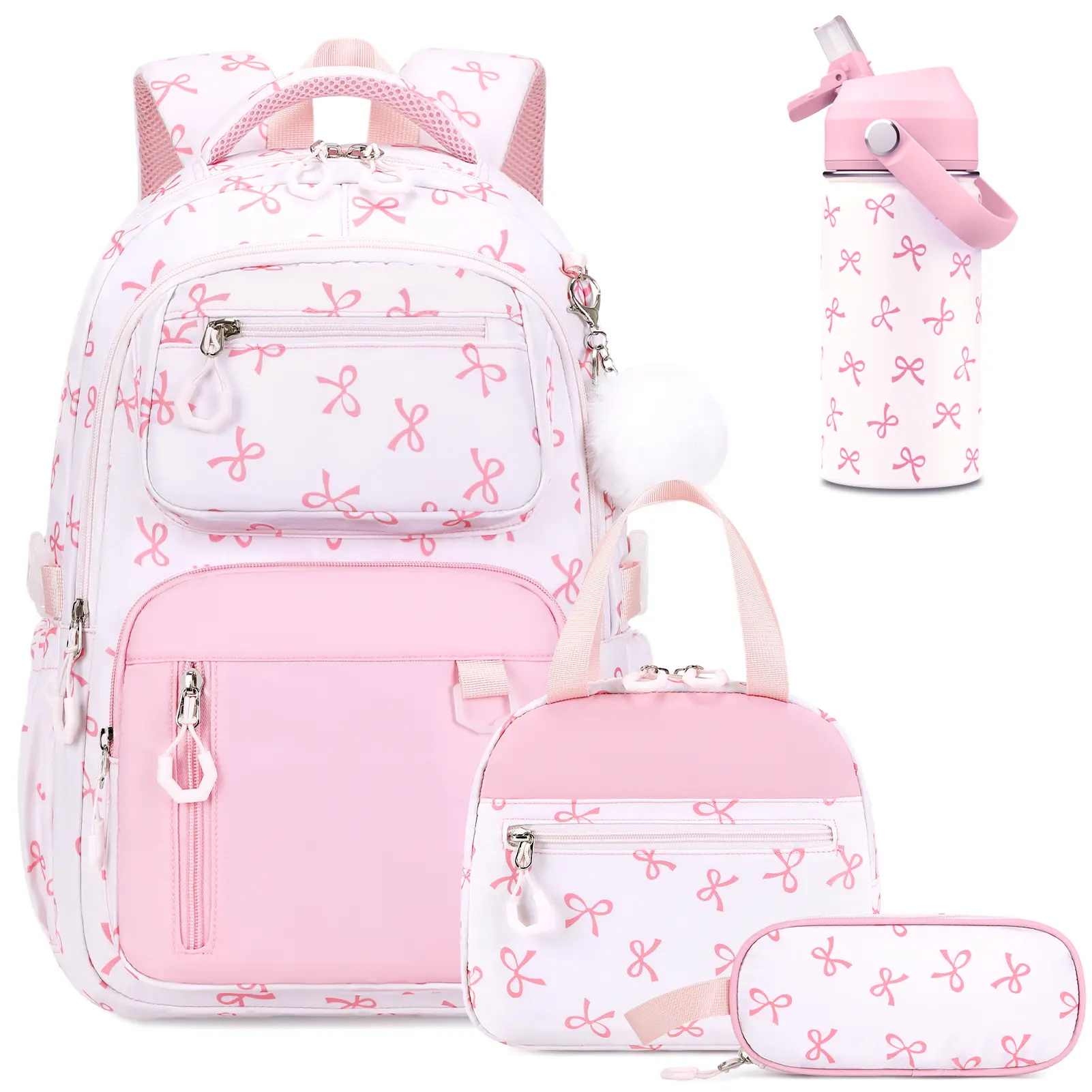 SIMILOVE Girls' 4-In-1 Cute A1 Pink Bow Backpack Set (12.2"x7.1"x17.7", 11 Pockets) - All Seasons Bookbag with Shoulder Strap, 14oz Insulated Water Bottle & Lunch Bag for Elementary-Middle School Back-to-School Use