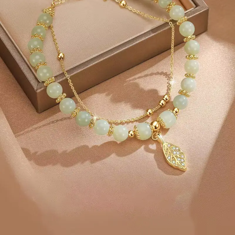 Jade Bangle Bracelet for Women, Chinese Style with Gold Leaf Motif and Double Chain, Premium Green Jade Stone Jewelry, Meaningful Gift, High Quality Bracelet, Premium Bracelet