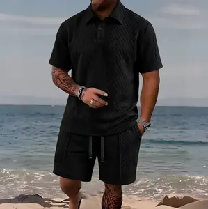 Men’s solid polo shirt and drawstring-waist shorts set — a cozy, breathable two-piece outfit for everyday outdoor wear. Men’s summer clothing featuring a casual collared top and athletic pocket shorts; a complete men’s outfit—a must-have.