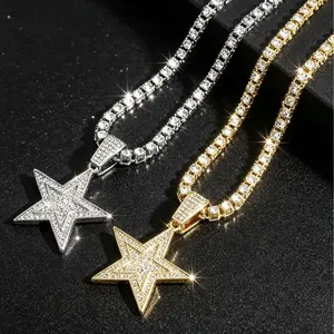 4mm Star Rhinestone Pendant Tennis Chain Necklace, 16-18 in Gold/Silver Plated Chains, 2026 Spring Hip Hop Daily Fashion Accessory