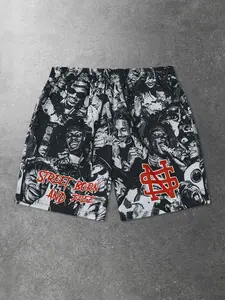 Men's Hip Hop Rapper Print Shorts, Street Style and Free Pattern Casual Drawstring Shorts, Summer Streetwear Bottoms for Everyday Wear Men's Holiday Gifts, Street Essentials, Fashionable Street Style, Retro Sports