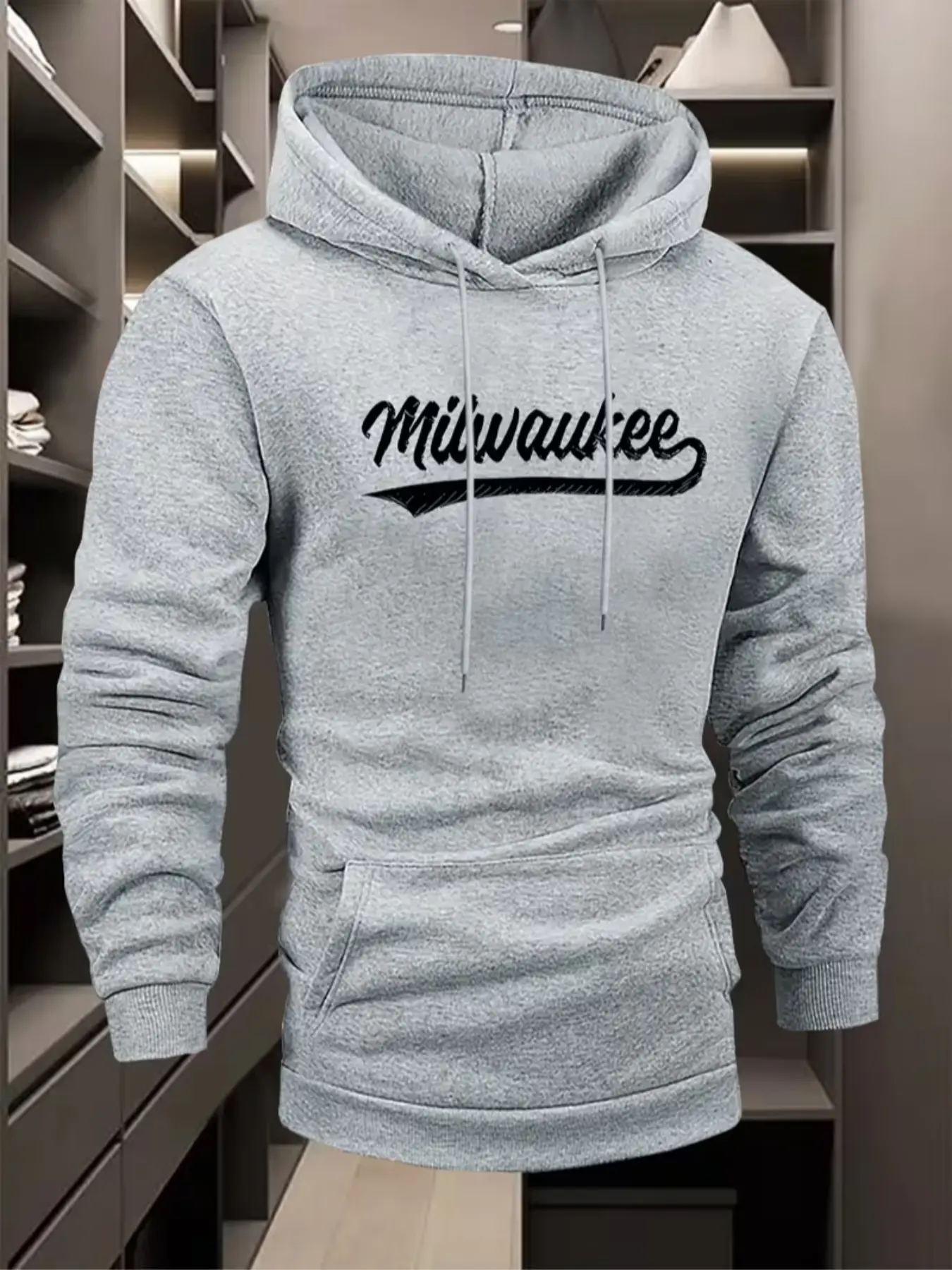 Milwaukee Graphic Pattern Print Hoodie, Casual Fitted Sweatshirt Long Sleeve, Warm Activewear Sportswear for Travel & Daily Wear, Street Fashion Soft Fabric, Athletic Hoodie Pullover