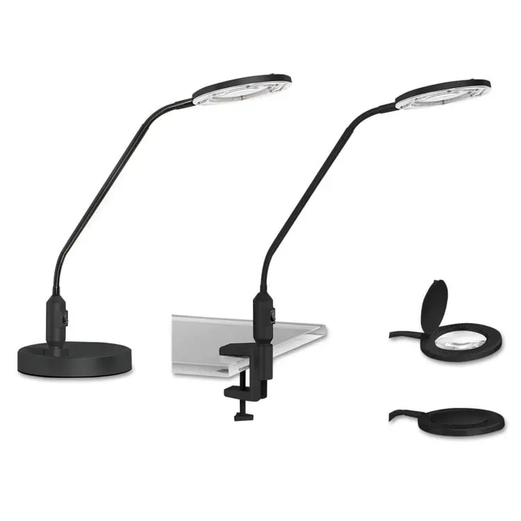 Metal Desktop LED Magnifier Lamp - Black, with Interchangeable Component for Office Desk Organization & Accessory Use