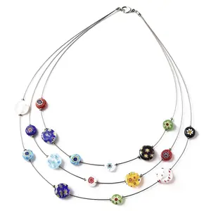 Murano Style Millefiori Glass Layered Necklaces - Beaded Necklaces for Womens - Colorful Flower Jewelry Cute Stainless Steel 18 Inches Birthday - Wedding Anniversary Christmas Gifts for Womens