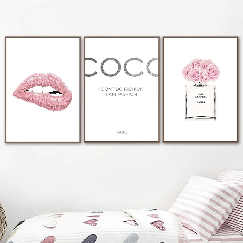 3pcs Frameless Fashion Flower Perfume Pink Lips Poster And Print Canvas Prints Coco Quotes Wall Art Modern Home Decoration Canvas Painting Pictures For Living Room Decorative Artwork Home Decoration