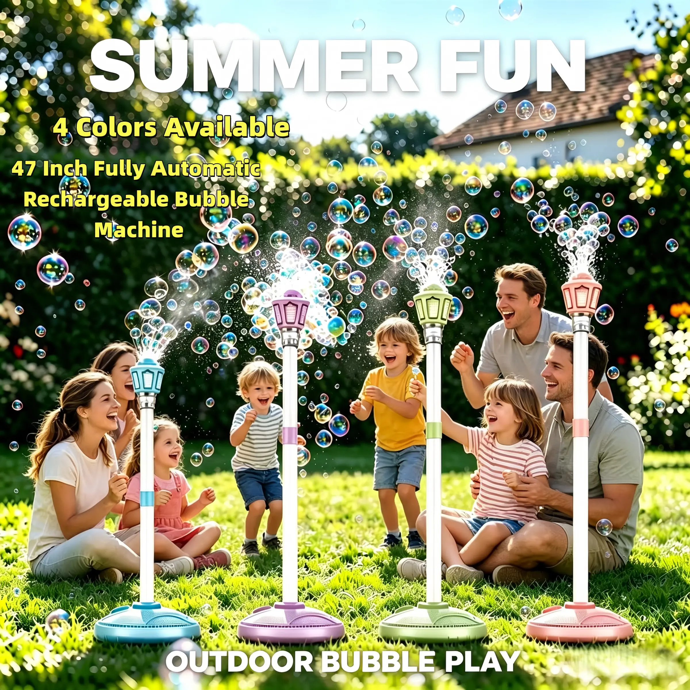 47'' Bubble Machine, Height Adjustable, Rechargeable with LED Lights & Music, 10 Packs Bubble Solution, Ideal for Parties, Kids Play, Automatic Party Bubble Machine, Adjustable Bubble Maker
