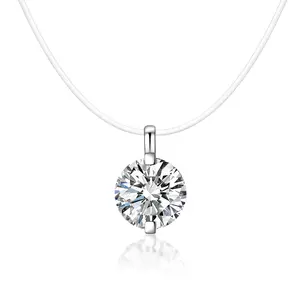 Unimoiss 2ct Solitaire VVS D-Color Synthetic Moissanite Two-Prong Setting Fishing Line Chain Collarbone Necklace Pendant with Clear Sparkling Chain — Perfect for Any Occasion & Daily Wear, Ideal for Commemorative Gifts