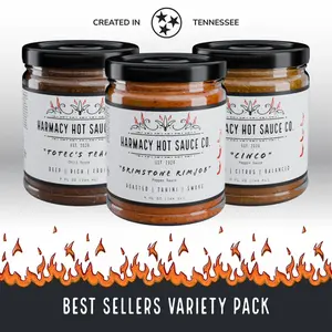Multi Award-Winning Gourmet Hot Sauce Variety Pack by Harmacy Hot Sauce -3 9oz Jars, Vegan, Gluten/Nut/Soy Free, Flavor, Dip, Garlic, Chicken, Flavor
