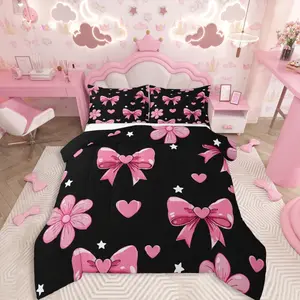 Bowknot Comforter Set, All Season Black Pink Bedding Set, Pink Bow Microfiber Full Bedclothes Colourful Bowknot Bedroom Decor Duvet Quilt, Breathable
