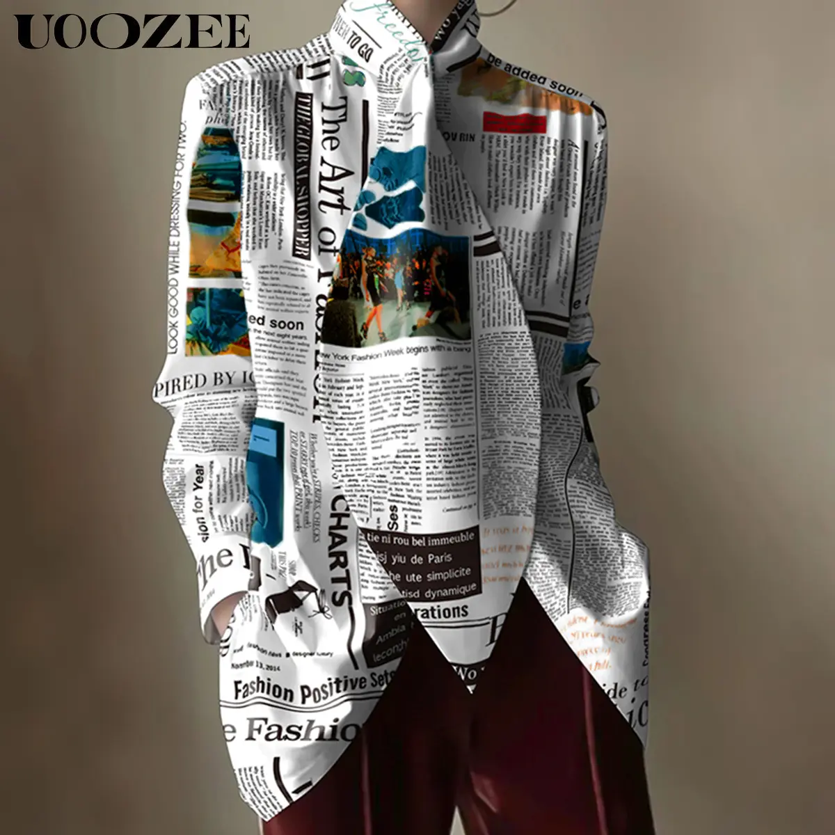 UOOZEE Women's Vintage Casual Printed Collared Blouse - Long Sleeve, Loose-Fit Polyester Shirt, Basics for Thanksgiving, Easter, Valentines Day Casual Wear, Shirts For Women, Blouses For Women