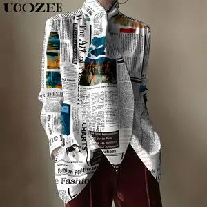 UOOZEE Women's Vintage Stand Collar Long-Sleeve Loose-Fit Letter Print Polyester Casual Blouse, Casual Clothing, Tops for Women, Stylish Clothes