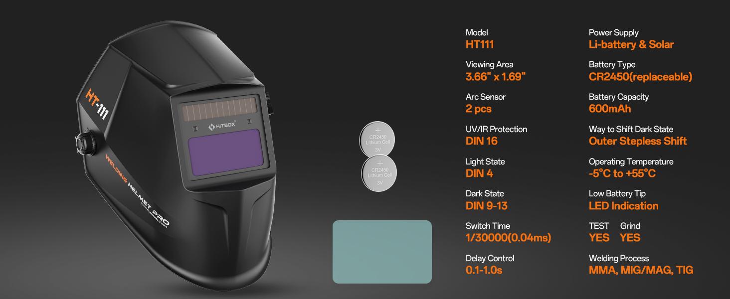 HITBOX HT-111 Unisex Industrial Auto Darkening Welding Helmet - 3.66"x1.69" Wide Vision True Color Screen, 4/9-13 Wide Shade, Solar Powered, Adjustable, Lightweight Flip-Up Shield, Blocks Harmful Rays for TIG Welding, MIG Grinding, 3.66" X 1.69"