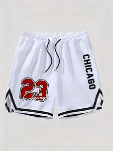 Men's Chicago #23 Basketball Shorts - Retro "23" & "CHICAGO" Print White Shorts, Basketball Fan Streetwear with Varsity Stripes, Soft Cotton Blend Drawstring Waist Athletic Shorts, Perfect for Game Days, Gym and Summer Wear