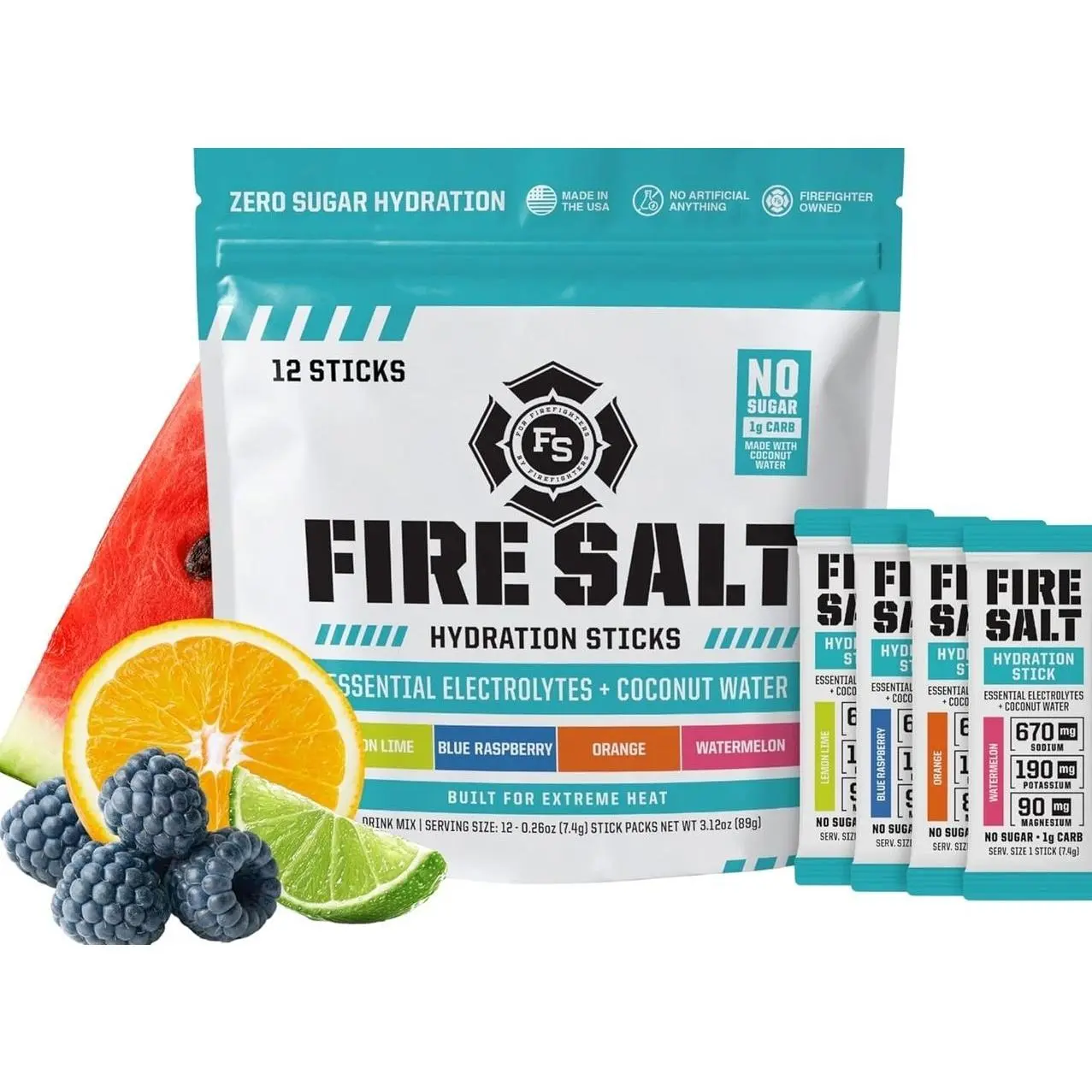 Fire Salt Hydration Sticks with Electrolytes & Organic Coconut Water, Magnesium & Mediterranean Sea Salt, Zero Sugar, Single Serve Packs, 4 Flavor Starter Kit Variety Pack, 12 Count