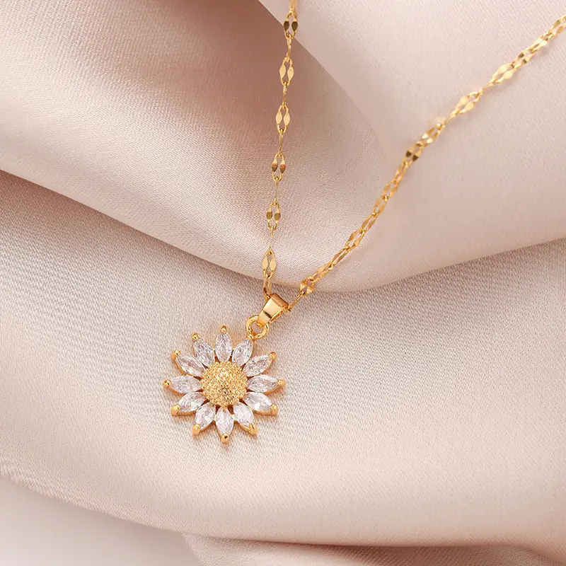 Dainty Sunflower Zircon Necklace 14K Gold Plated 42+5 cm Adjustable Link with Cubic Zirconia Petals for Everyday & Special Occasions